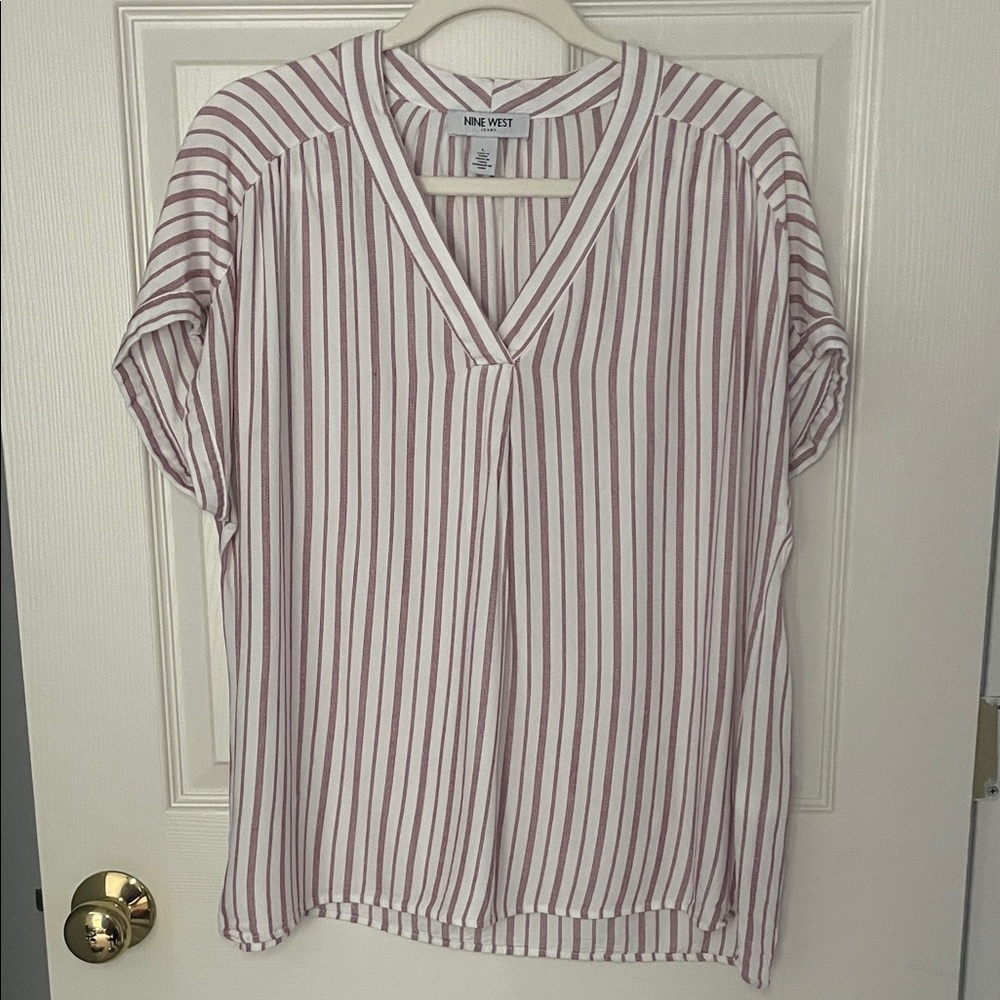Nine West White Blouse with Maroon Vertical Stripes